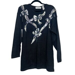 Vintage Trimmings Sweater Womens Medium Black Silver Sequins Bow Shoulder Pads
